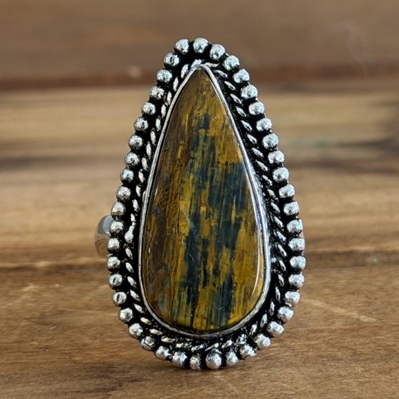 Vintage Jewelry - Vintage Style Genuine Lion Skin Jasper Gemstone Ring Size 8.75 Silver Plated